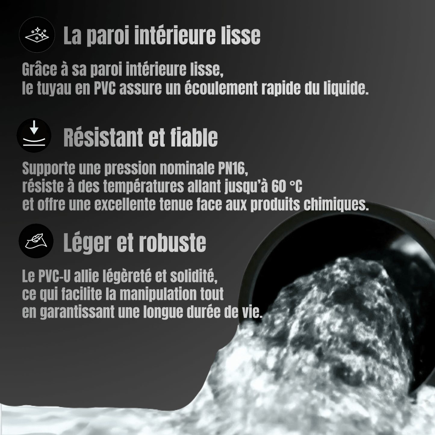 Tube PVC rigide PN16 chanfreiné - À la découpe - Prêt au collage, longueur au choix