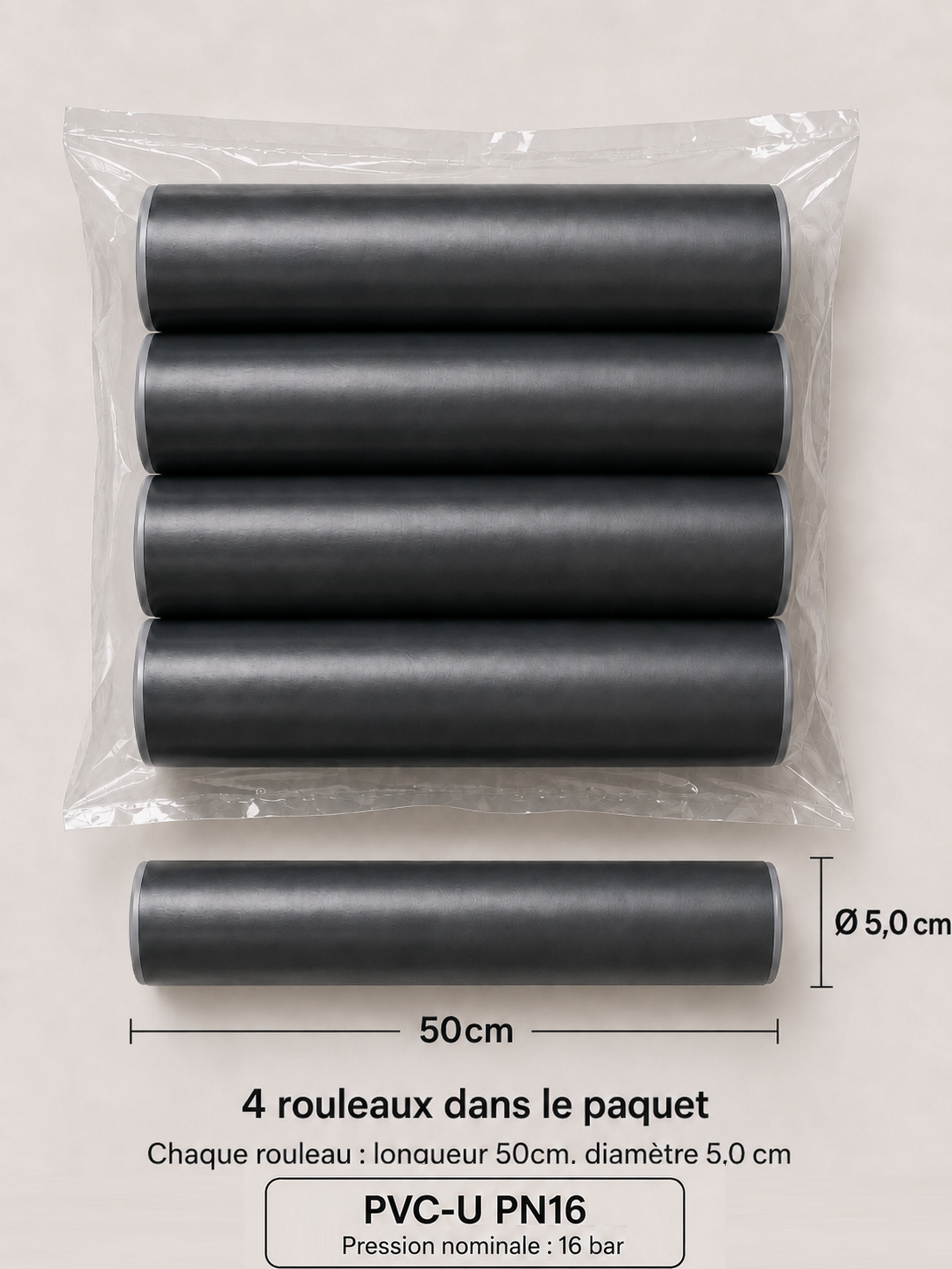 Tube PVC Rigide PN16 – Double Chanfrein (Prêt à Coller) – Longuer 10-50 cm – Pack de 4