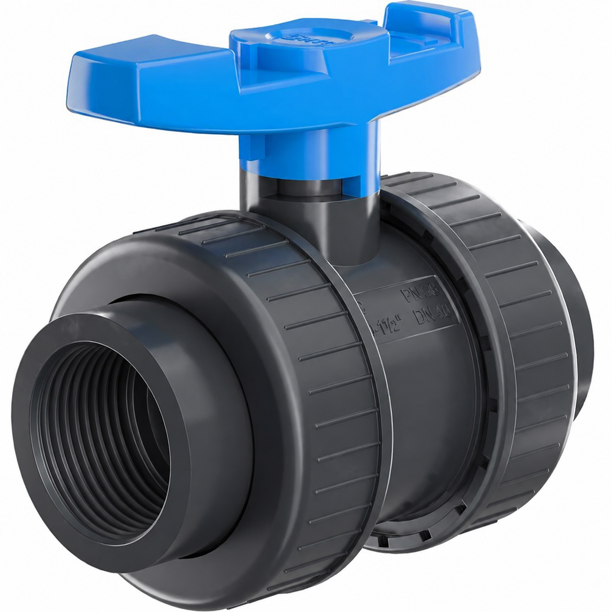 Vanne à Bille PVC PN16, Filetage Femelle 1-1/2", Ø50 mm, Gris