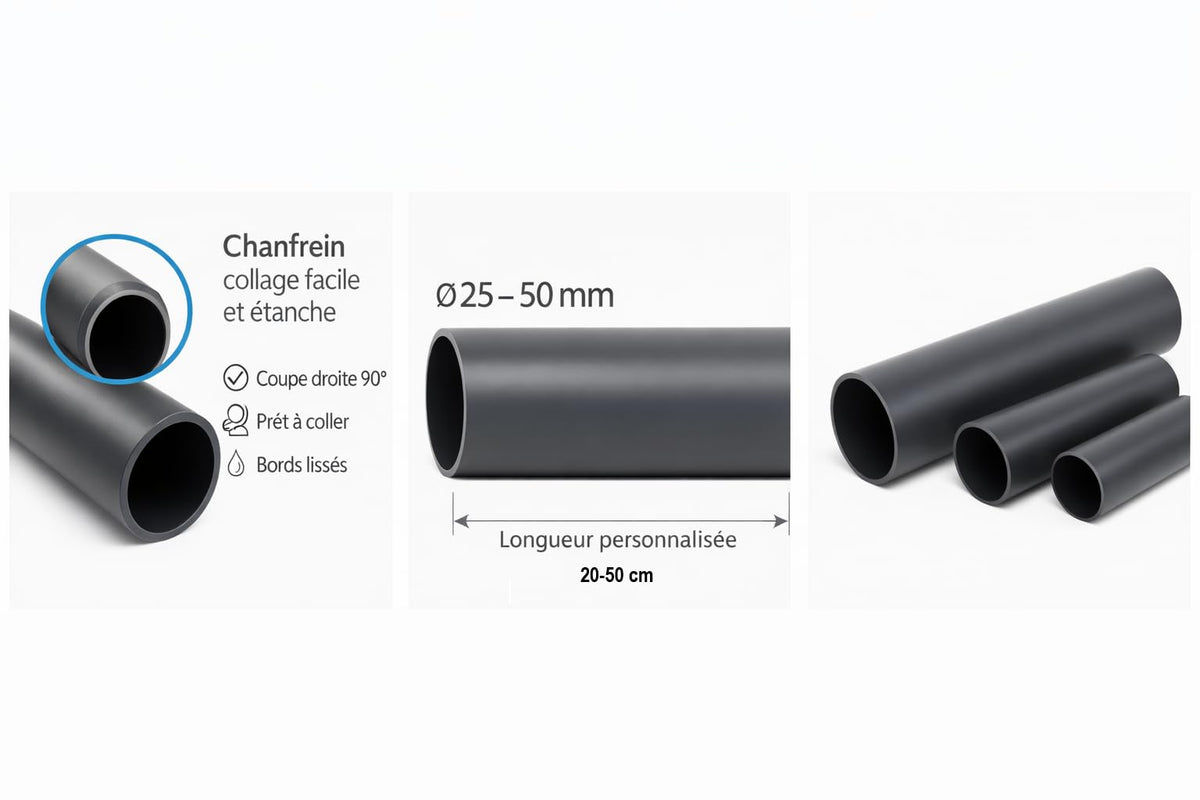 Tube PVC Rigide PN16 – Double Chanfrein (Prêt à Coller) – Longuer 10-50 cm – Pack de 4