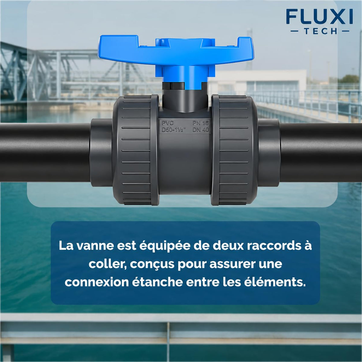Vanne à Bille PVC PN16, Filetage Femelle 1-1/2", Ø50 mm, Gris