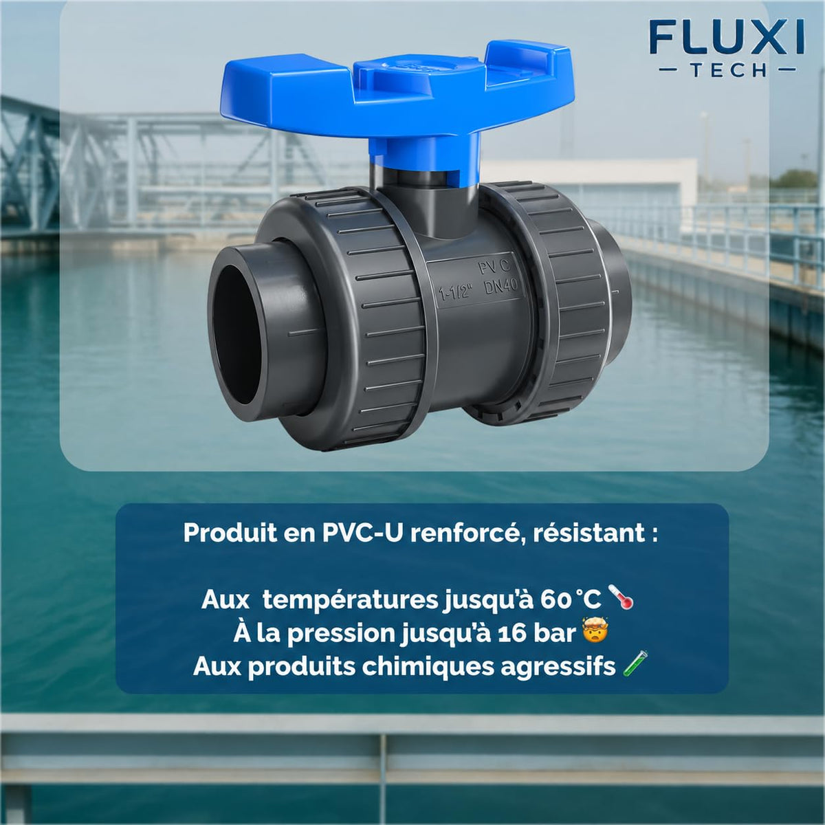 Vanne à Bille PVC PN16, Filetage Femelle 1-1/2", Ø50 mm, Gris