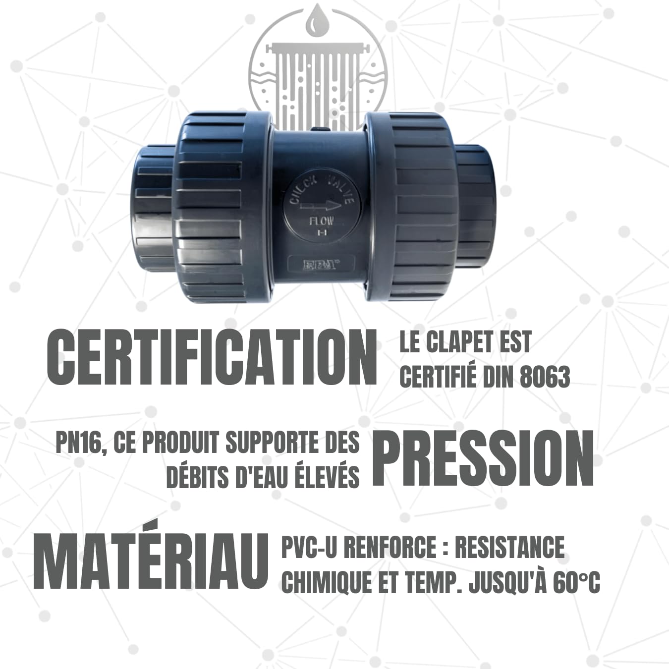 Clapet anti-retour conique PVC-U à ressort – PN16 – Raccord à coller