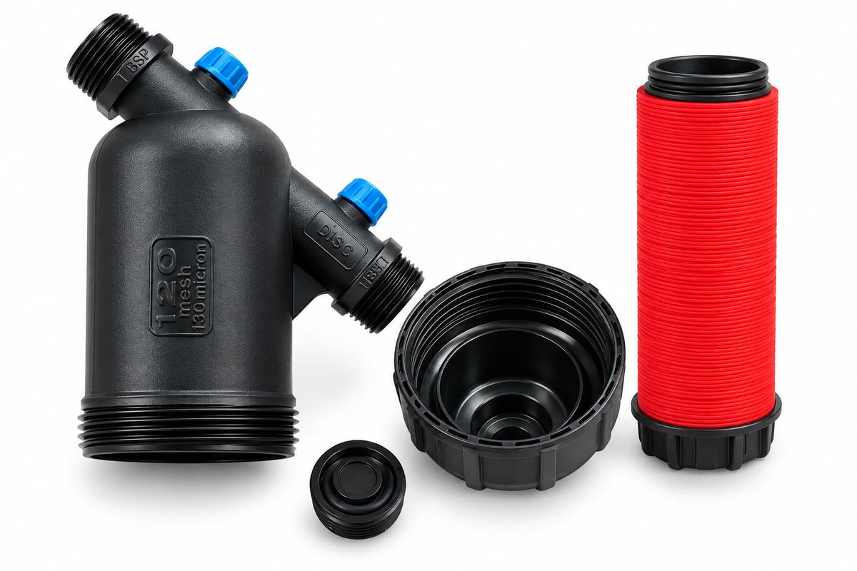 FLUXI-TECH Filtre à Sable, à Particules de 130 Microns - Mâle Double - BSP 1" - 1"1/2-2" - Débit Élevé 6–14 m³/h, PN8 bars les Particules - pour Pompes, Arrosage, Systèmes Hydrauliques