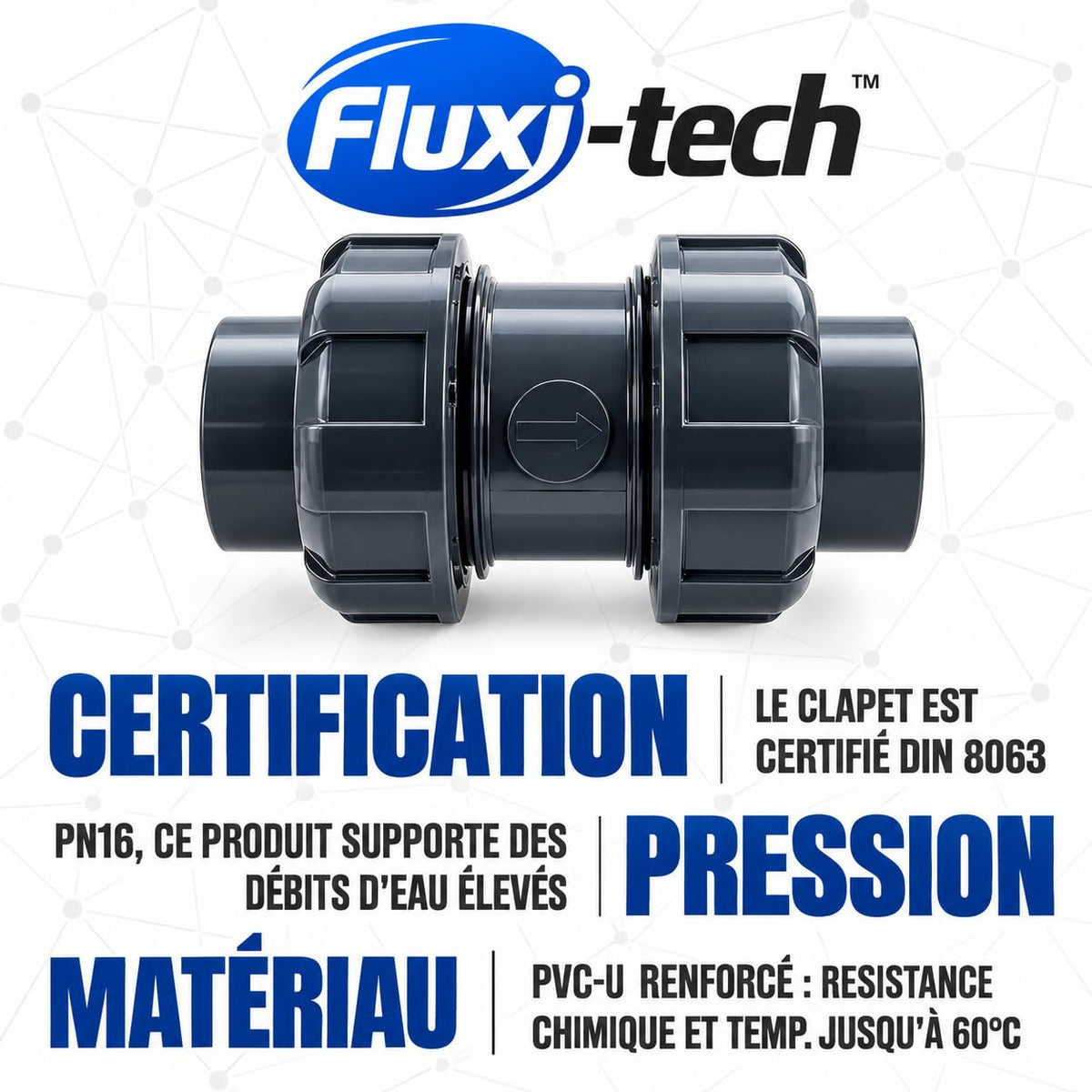 FLUXI-TECH Clapet Anti-Retour à Bille avec Ressort PVC-U Ø50 mm True Union à Coller