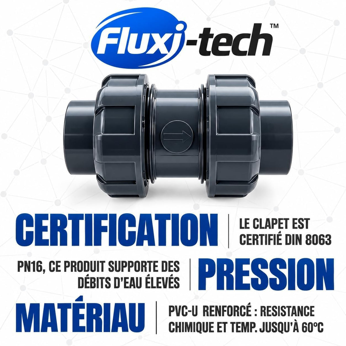 Clapet Anti-Retour PVC-U PN16 à Bille Double Union – Sans Ressort – Démontable – À Coller