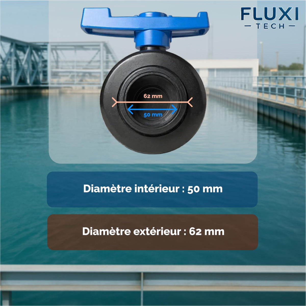 Vanne à Bille PVC PN16, Filetage Femelle 1-1/2", Ø50 mm, Gris