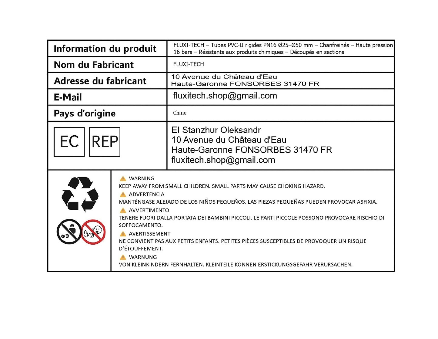 Tube PVC rigide PN16 chanfreiné - À la découpe - Prêt au collage, longueur au choix