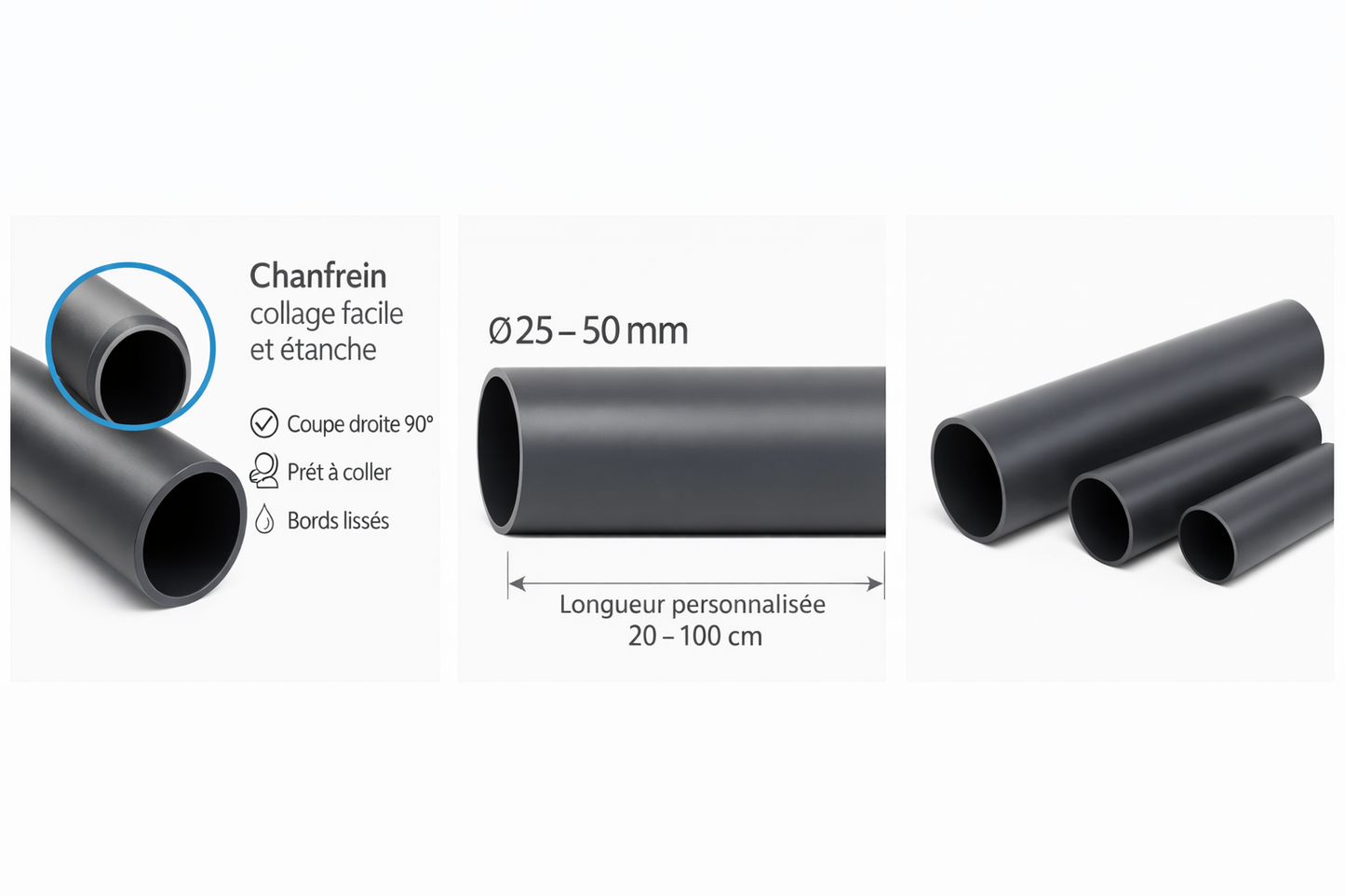 Tube PVC rigide PN16 chanfreiné - À la découpe - Prêt au collage, longueur au choix
